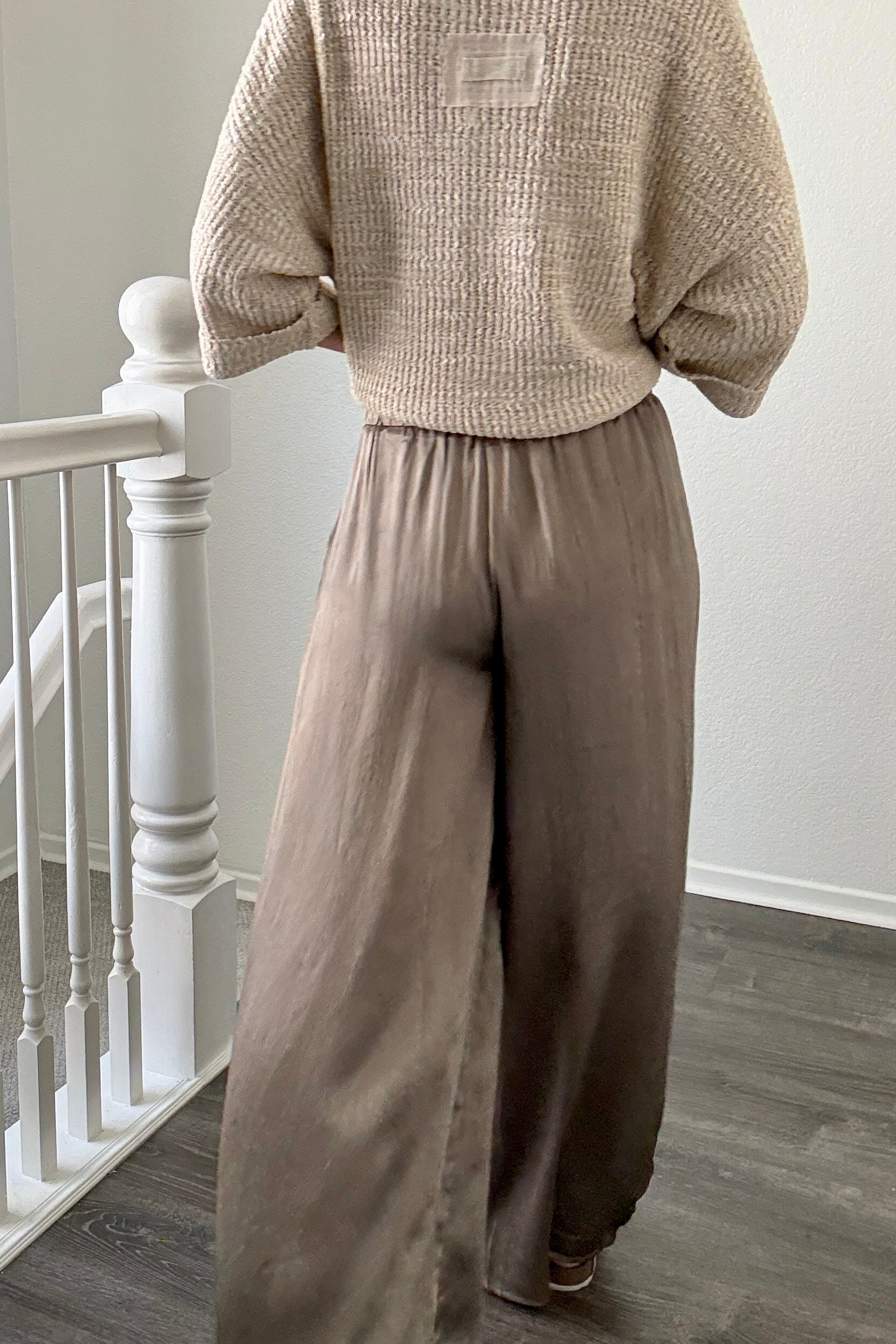 Luna Satin Wide Leg Pants in Olive back view