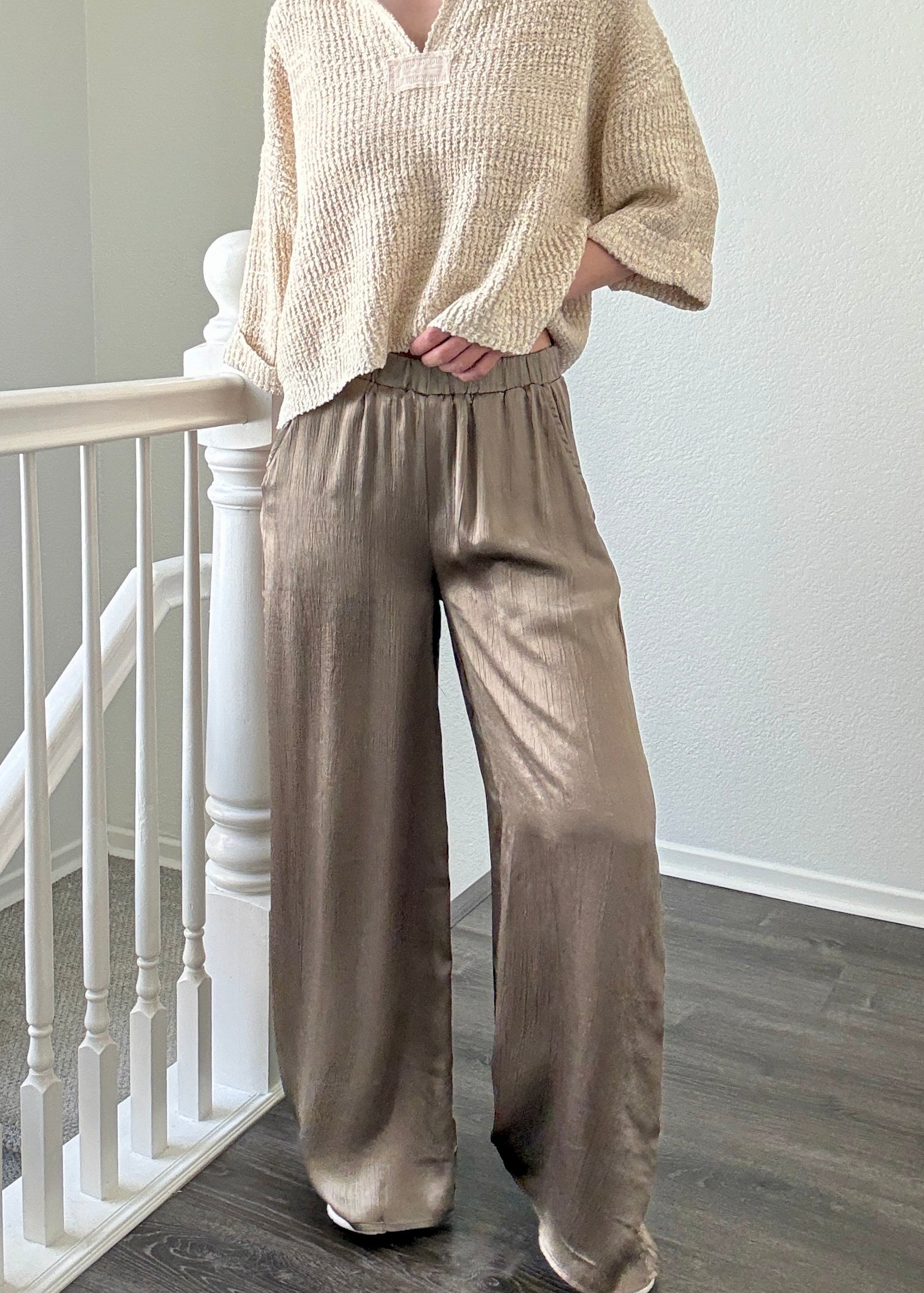 Luna Satin Wide Leg Pants in Olive front view