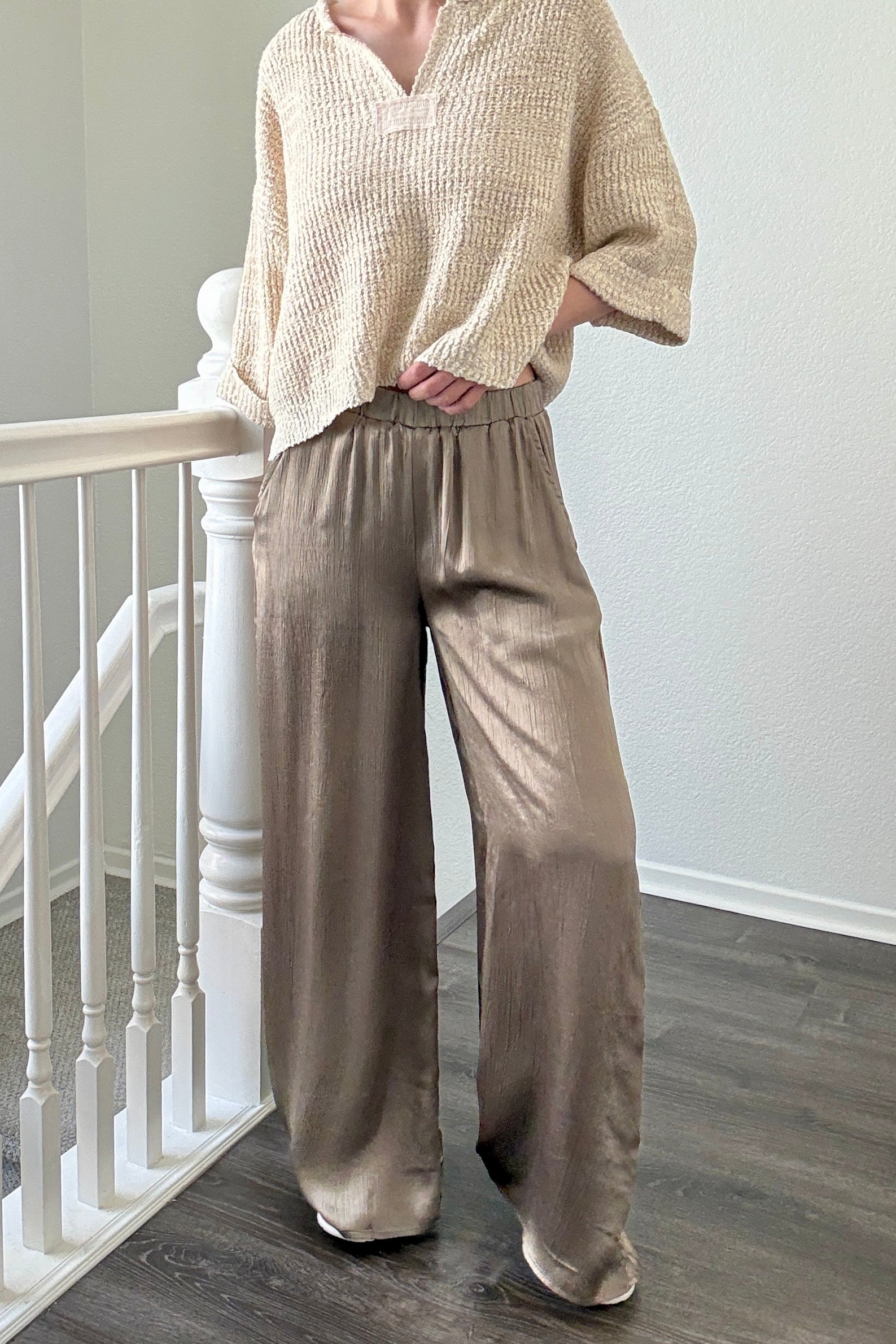 Luna Satin Wide Leg Pants in Olive front view
