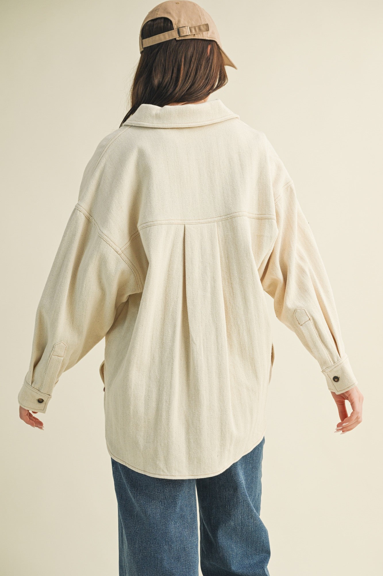 Back view of Madison ribbed soft overshirt jacket with below-the-hip length