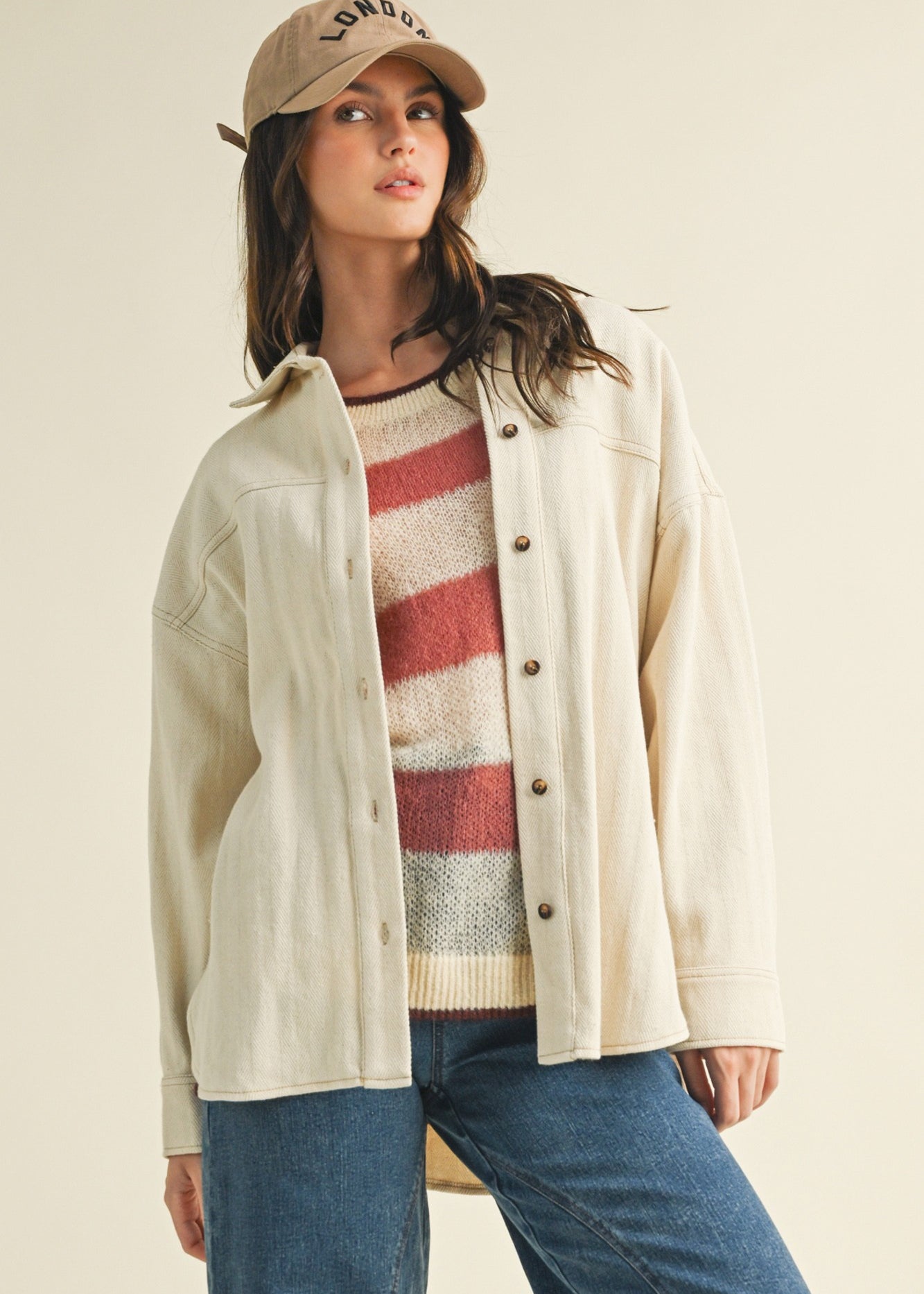 Madison ribbed soft overshirt jacket in oatmeal with oversized fit