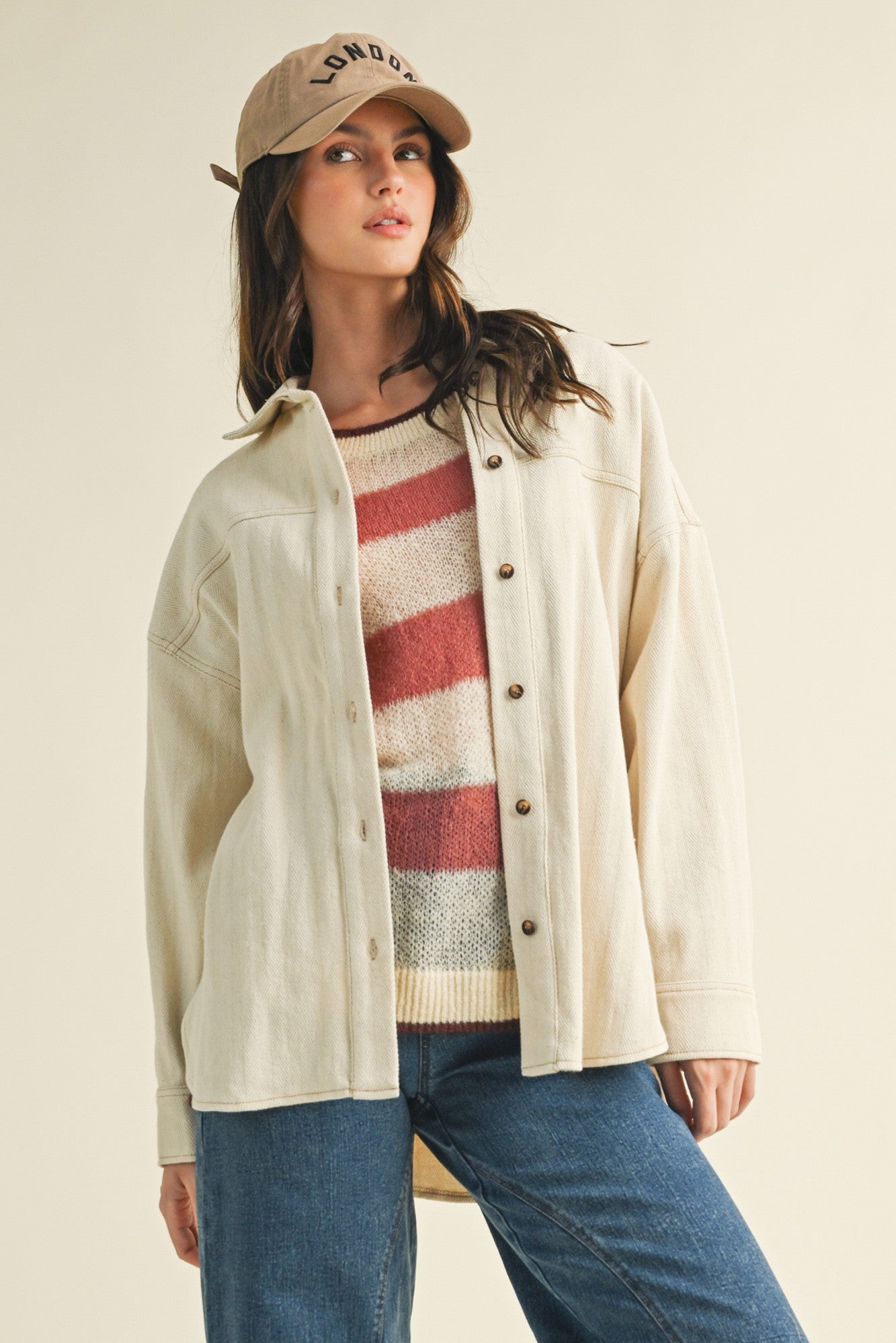 Madison ribbed soft overshirt jacket in oatmeal with oversized fit