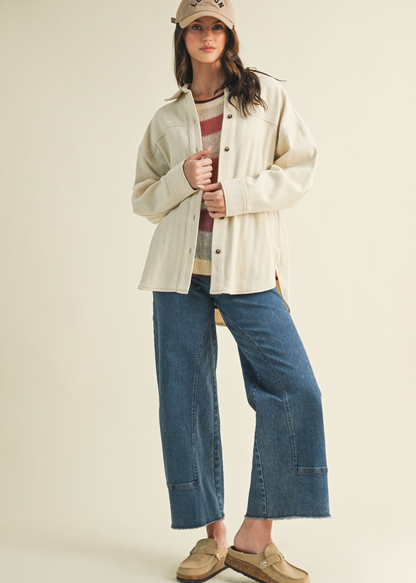 Full body view of Madison ribbed soft overshirt jacket in oatmeal