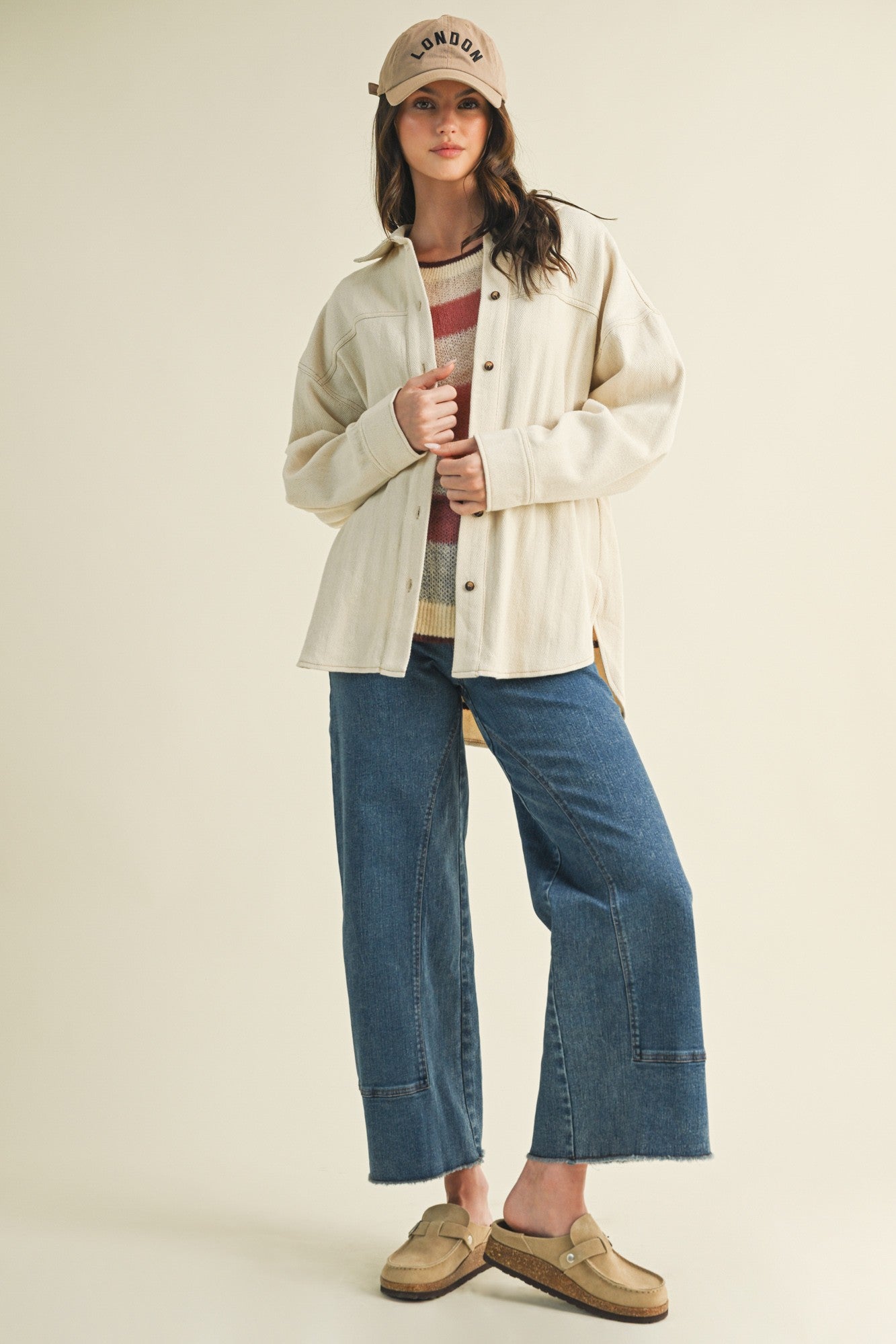 Full body view of Madison ribbed soft overshirt jacket in oatmeal