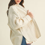 Madison ribbed soft overshirt jacket styled casually in oatmeal - side view