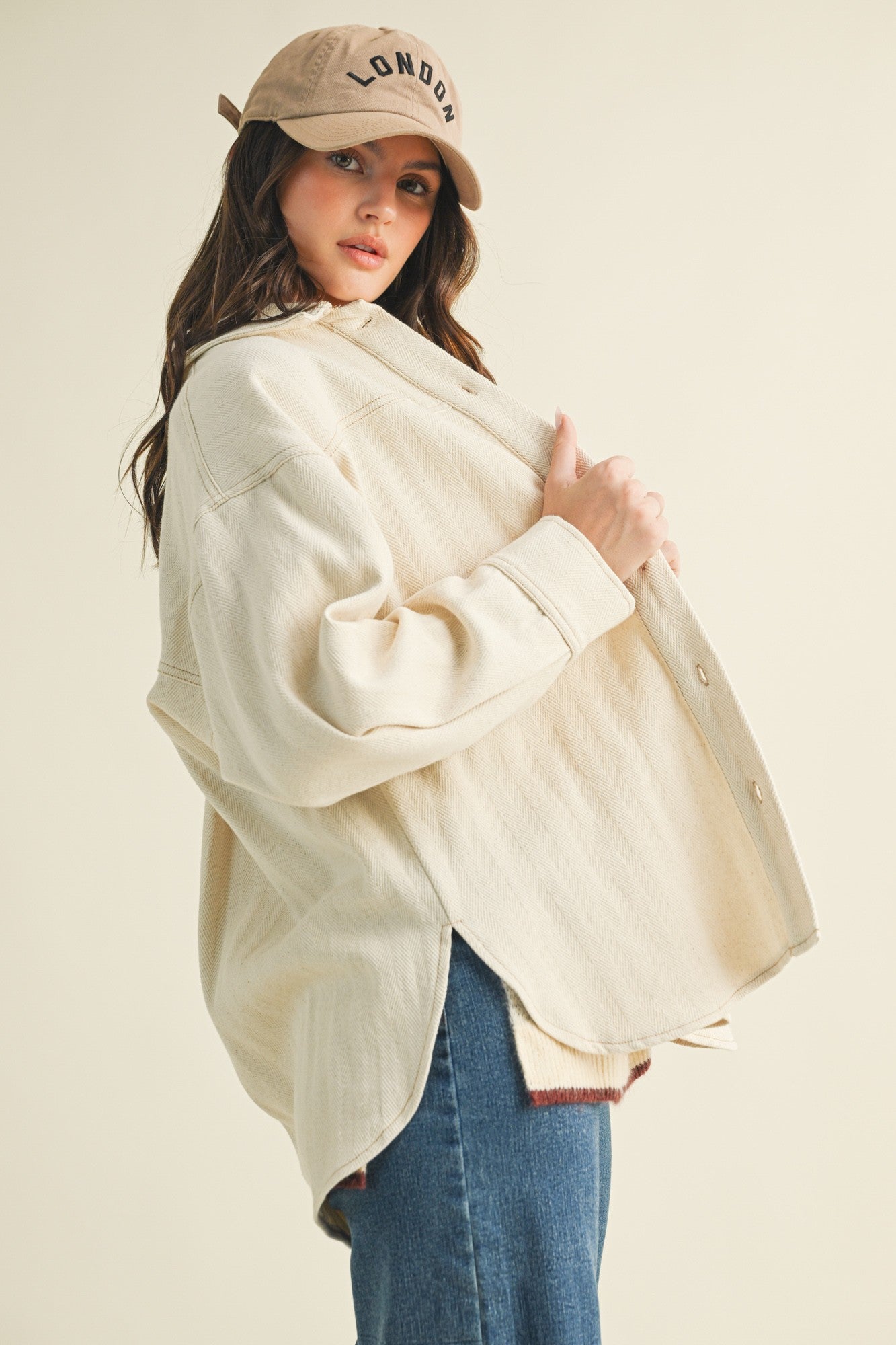 Madison ribbed soft overshirt jacket styled casually in oatmeal - side view