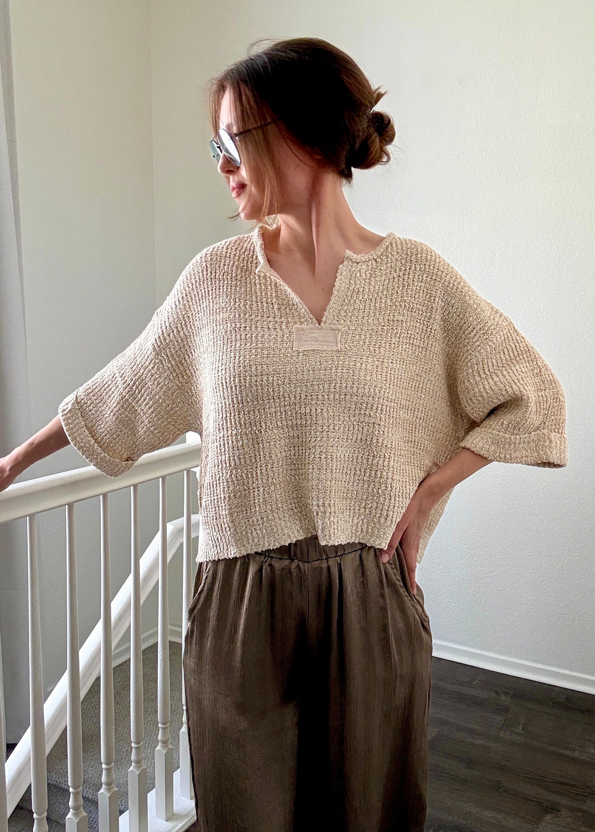 Model wearing Magnolia Lightweight Cropped Sweater in oatmeal front view
