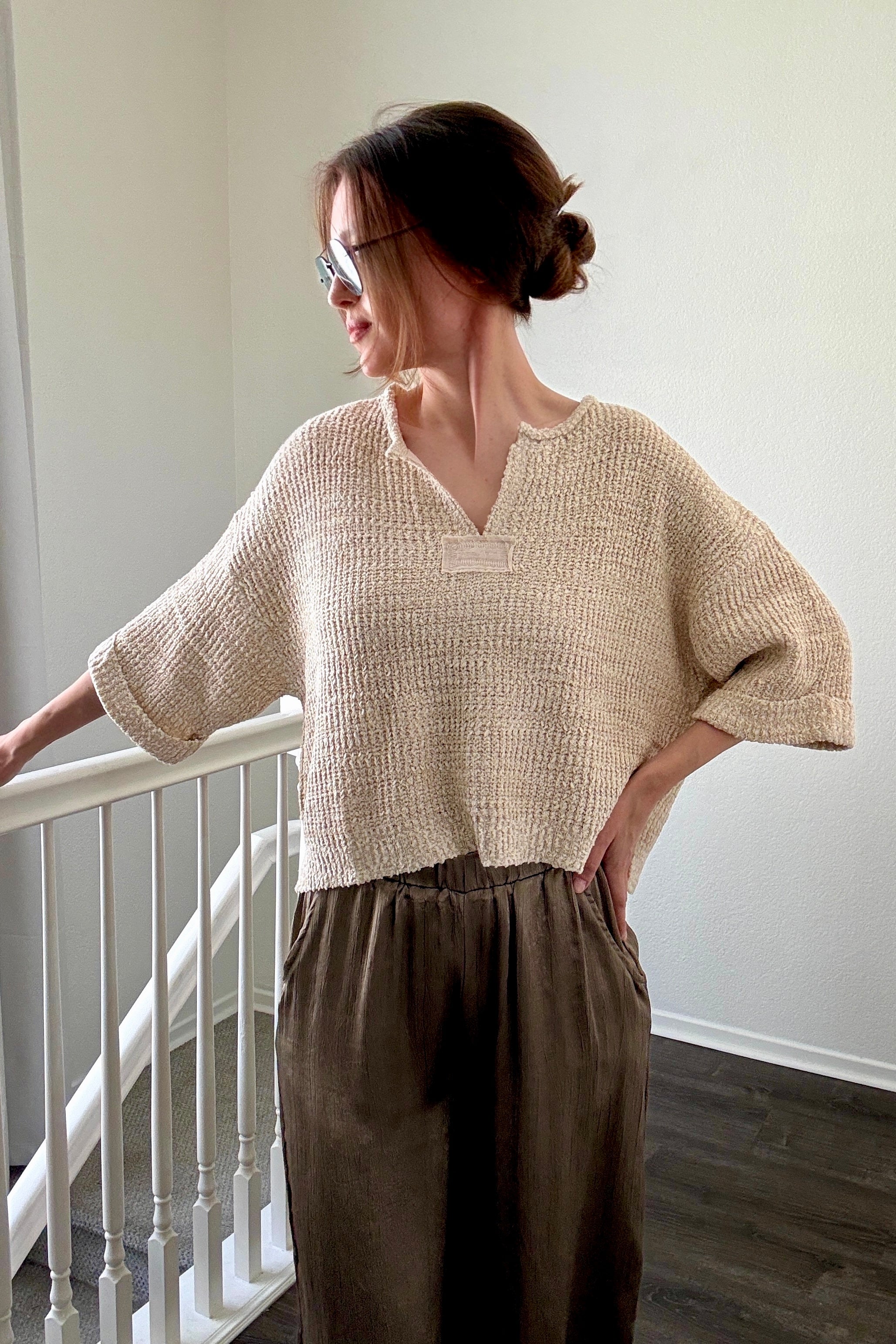 Model wearing Magnolia Lightweight Cropped Sweater in oatmeal front view