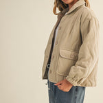 Side view of the Magnolia Wave Quilted Cotton Jacket in wheat highlighting relaxed fit