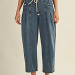 Margo pleated pull-on denim pants in washed denim with barrel-leg fit