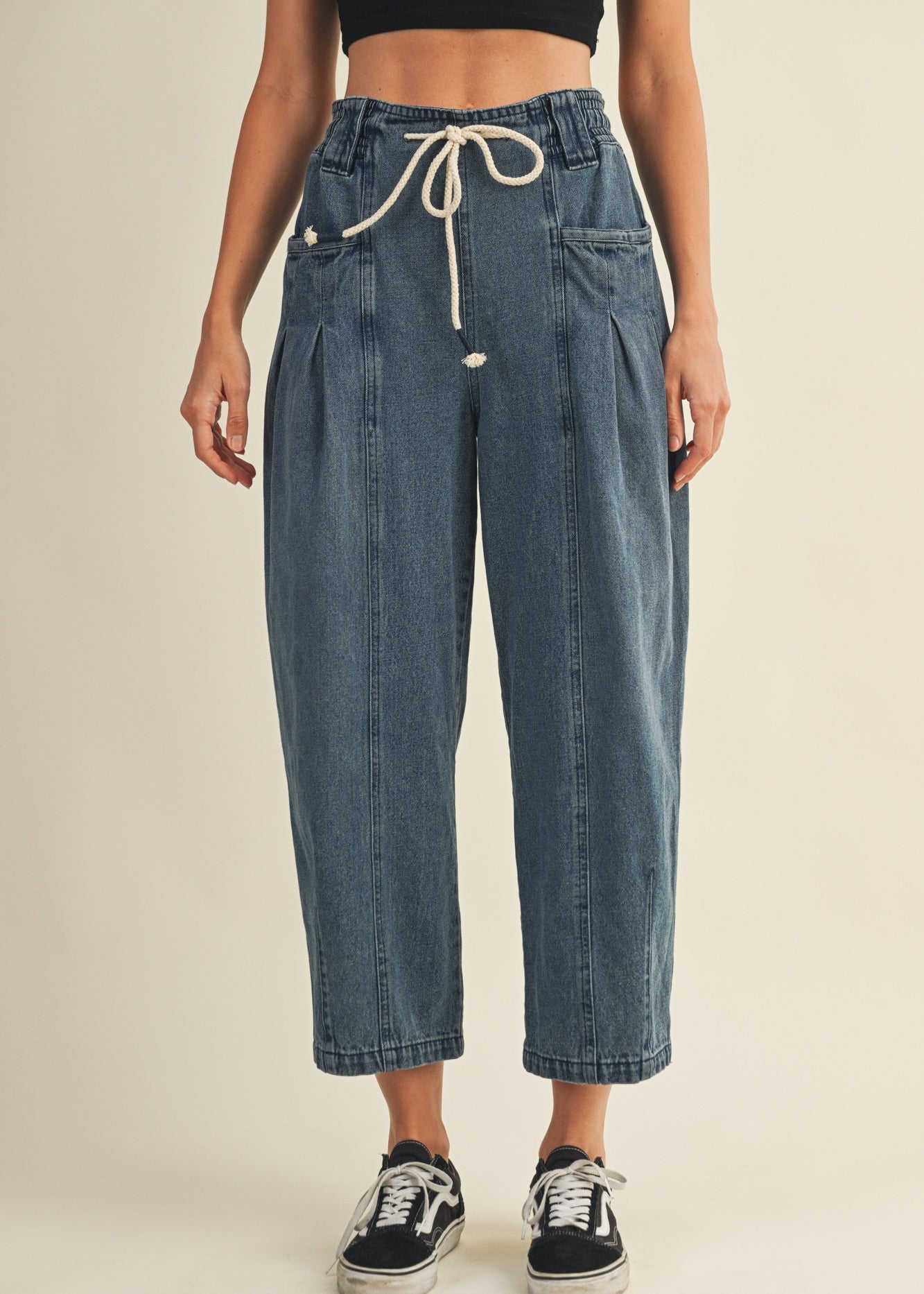 Margo pleated pull-on denim pants in washed denim with barrel-leg fit