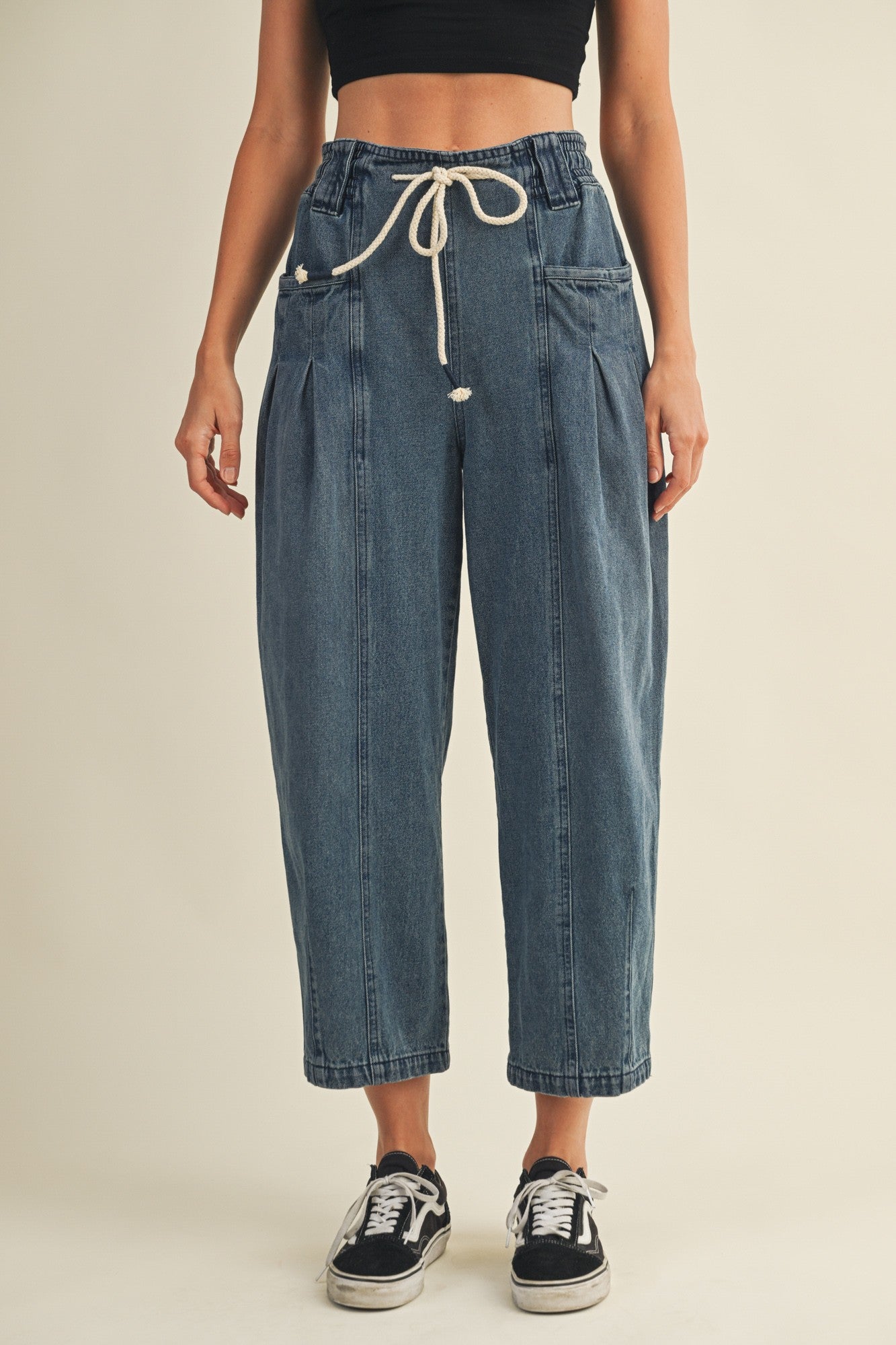Margo pleated pull-on denim pants in washed denim with barrel-leg fit