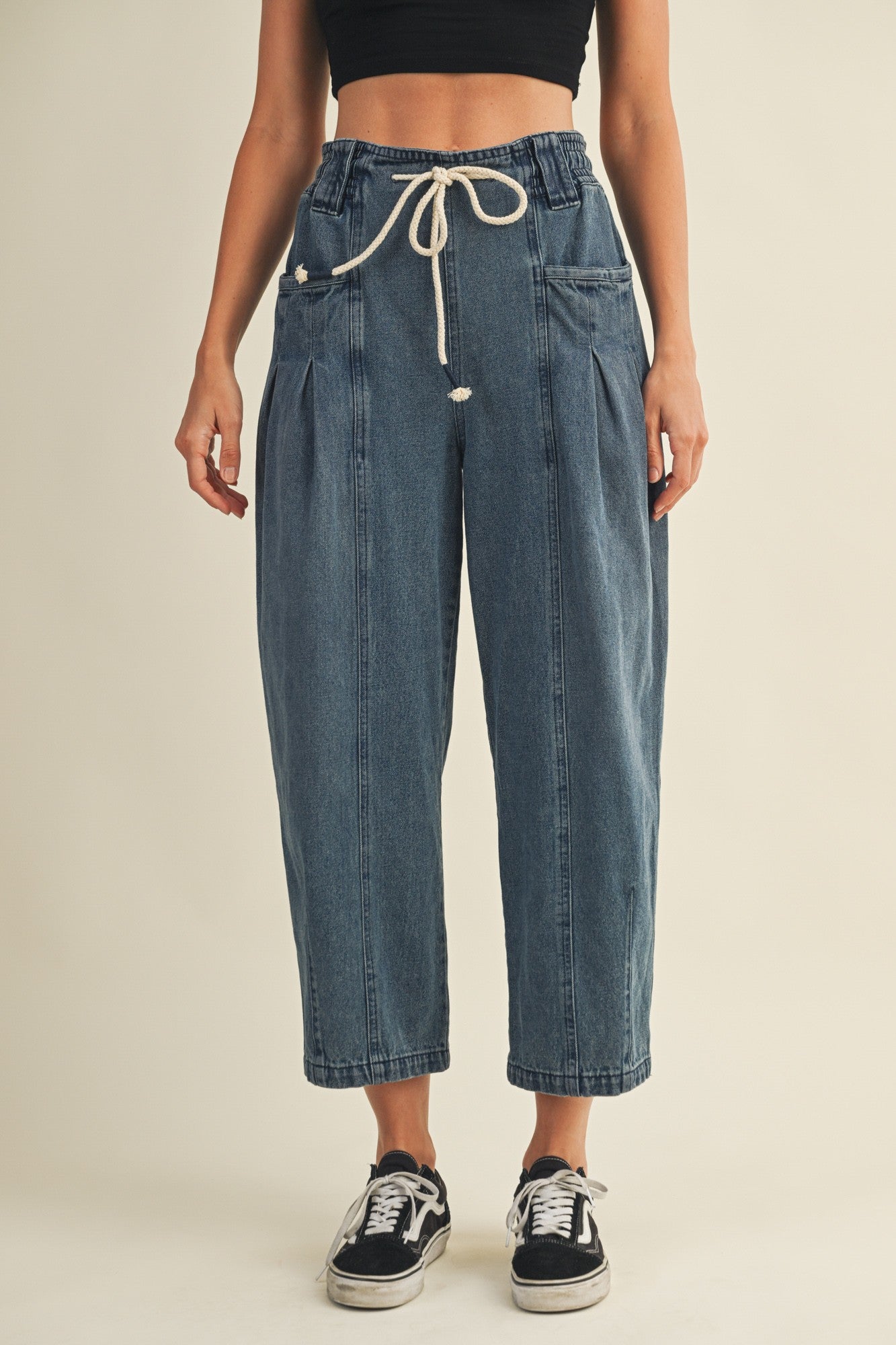 Margo pleated pull-on denim pants in washed denim with barrel-leg fit