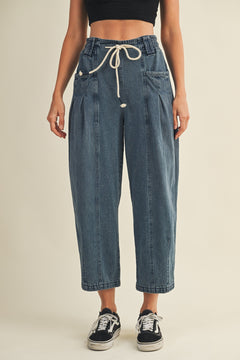Margo pleated pull-on denim pants in washed denim with barrel-leg fit