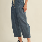 Side view of Margo pleated pull-on denim pants - barrel fit