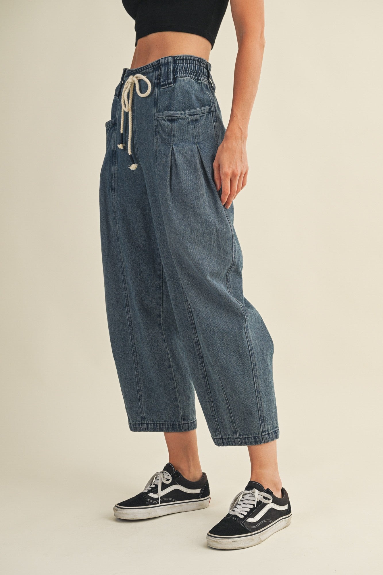 Side view of Margo pleated pull-on denim pants - barrel fit