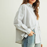 Marina blue striped button-down shirt with relaxed fit and dropped shoulders