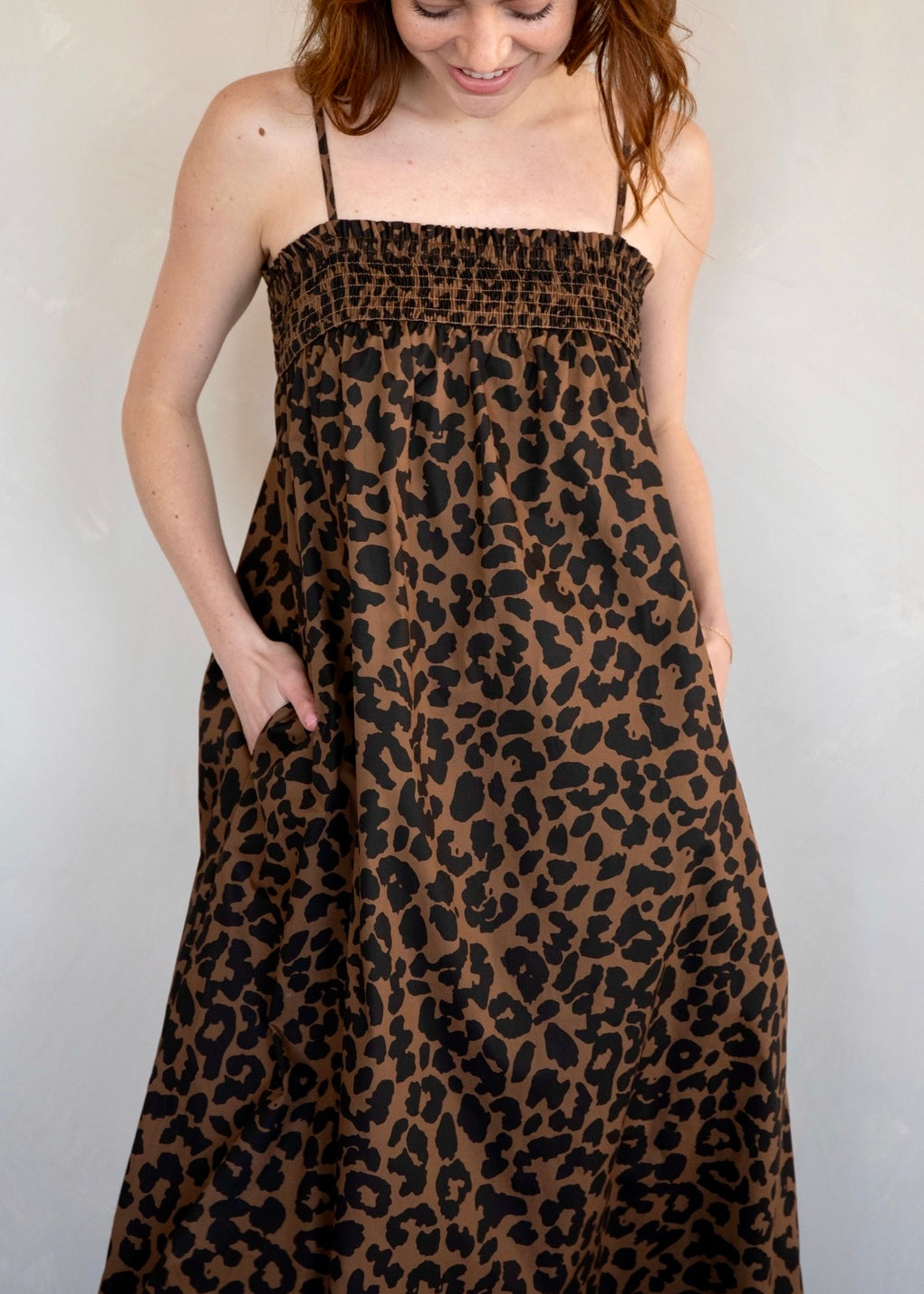 Marty Leopard Relaxed Maxi Dress front close-up with smocked bust and pockets