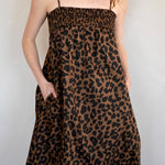 Marty Leopard Relaxed Maxi Dress front close-up with smocked bust and pockets