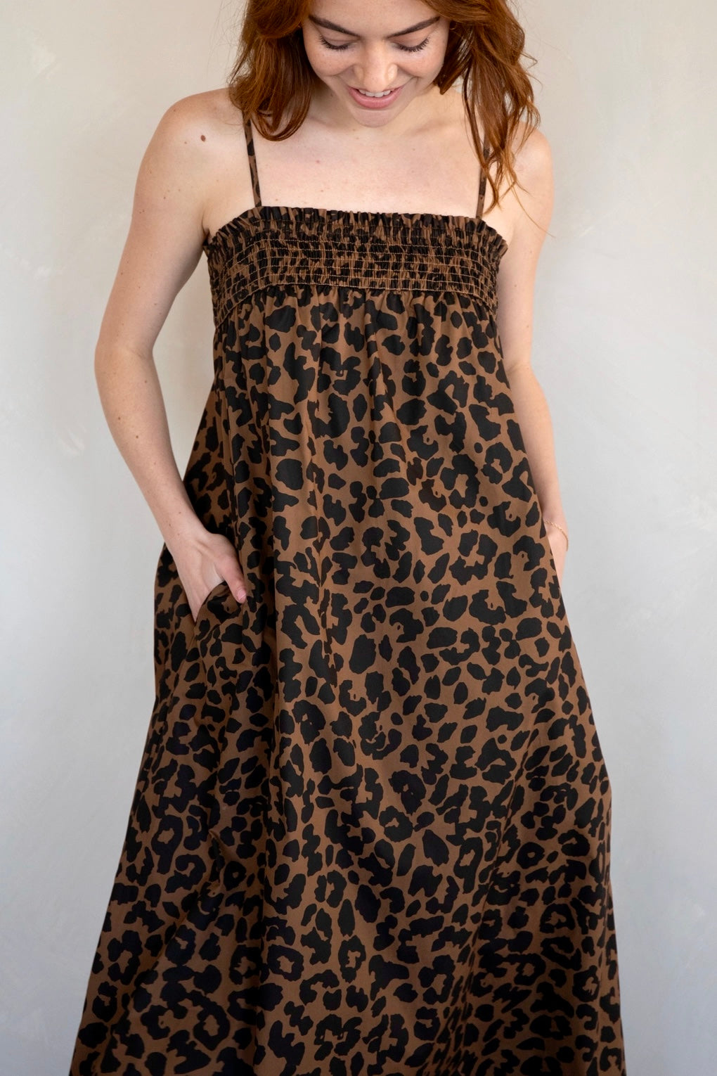 Marty Leopard Relaxed Maxi Dress front close-up with smocked bust and pockets