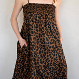 Marty Leopard Relaxed Maxi Dress front close-up with smocked bust and pockets