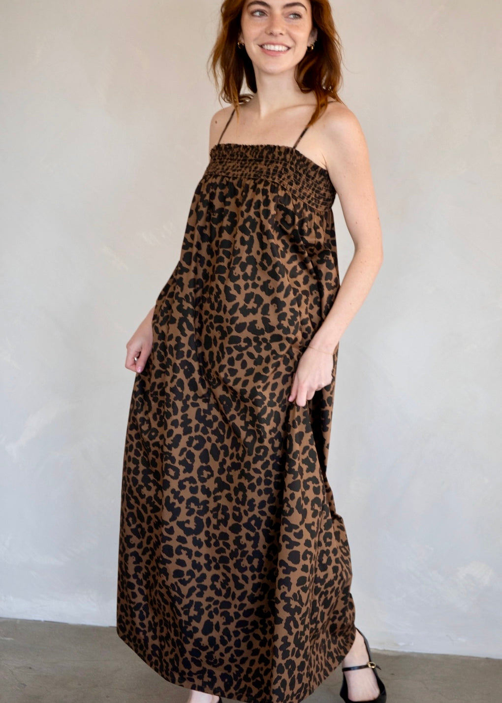 Model wearing Marty Leopard Relaxed Maxi Dress front view