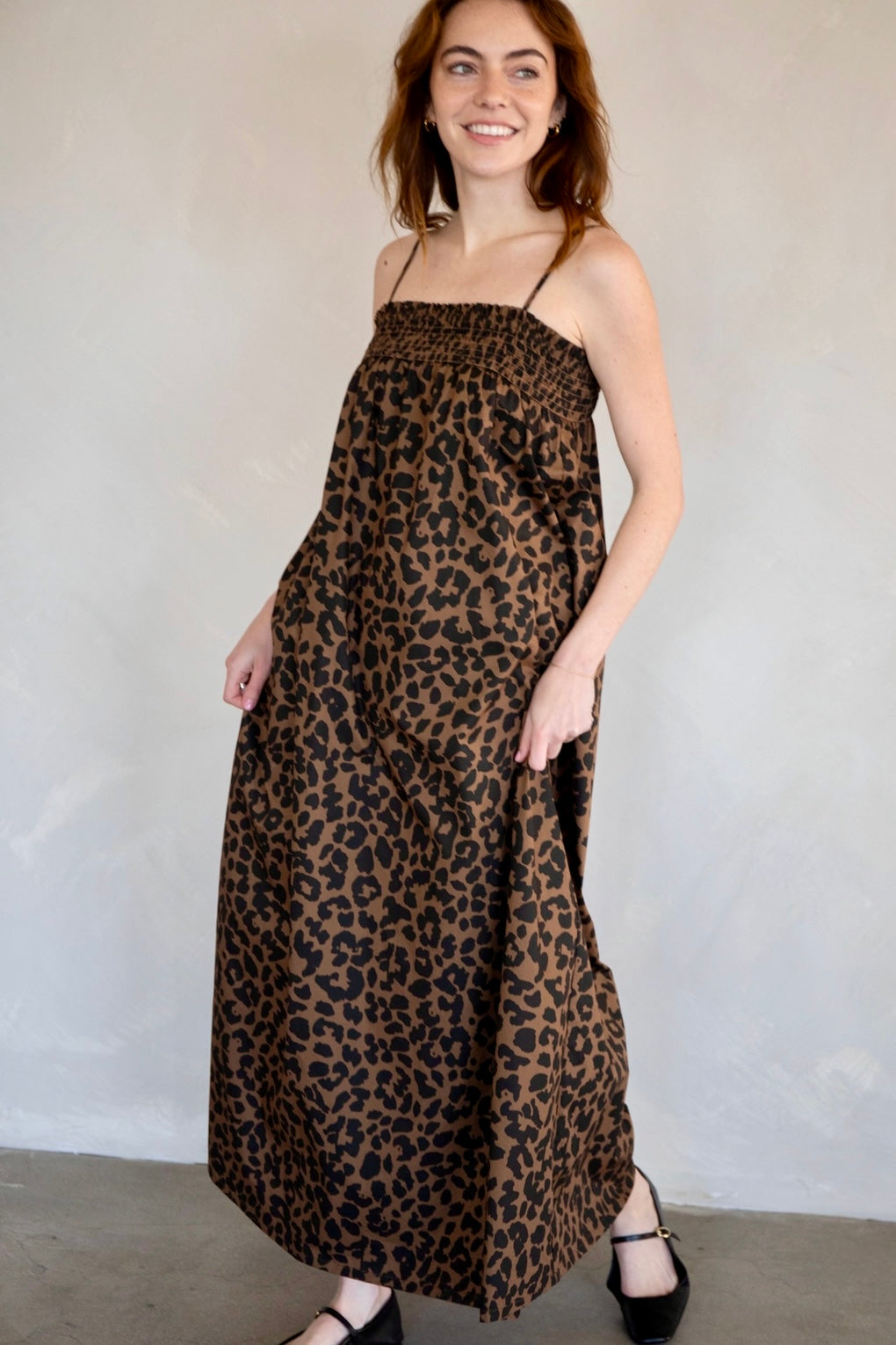 Model wearing Marty Leopard Relaxed Maxi Dress front view
