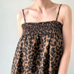 Close-up of Marty Leopard Relaxed Maxi Dress with smocked bodice and adjustable straps