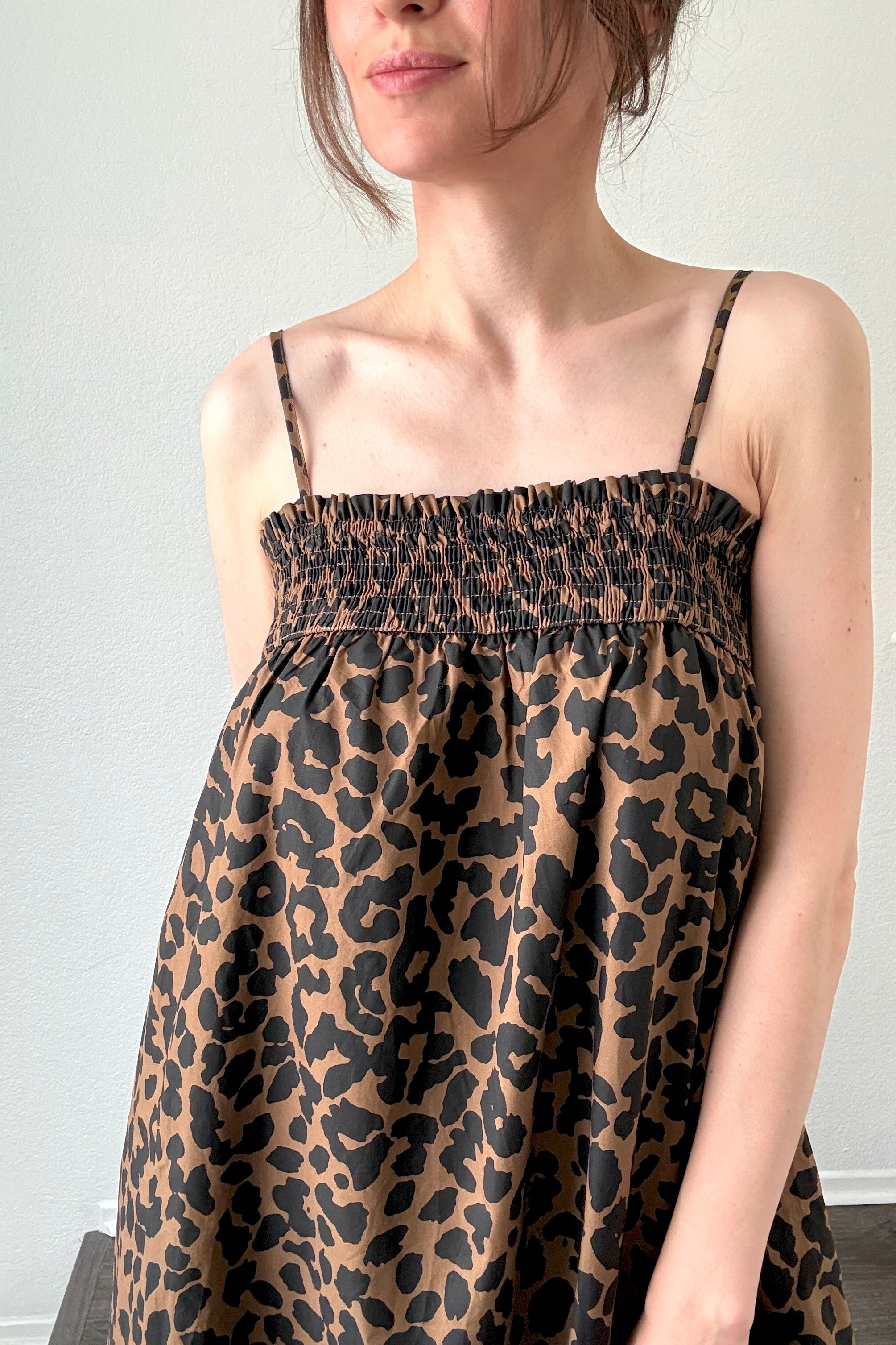 Close-up of Marty Leopard Relaxed Maxi Dress with smocked bodice and adjustable straps