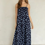 Marty Relaxed Maxi Dress in Midnight Polka Dot front view with smocked bodice and adjustable straps