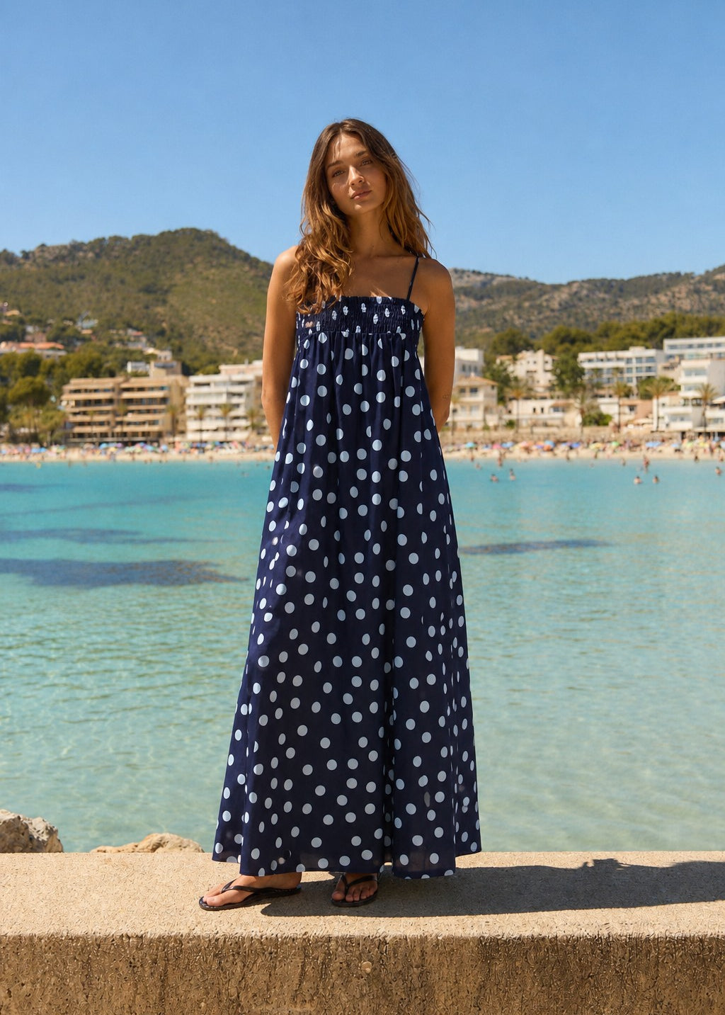 Model wearing Marty Relaxed Maxi Dress in Midnight Polka Dot for an easy casual everyday outfit