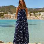 Model wearing Marty Relaxed Maxi Dress in Midnight Polka Dot for an easy casual everyday outfit