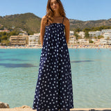 Model wearing Marty Relaxed Maxi Dress in Midnight Polka Dot for an easy casual everyday outfit
