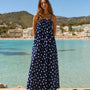 Model wearing Marty Relaxed Maxi Dress in Midnight Polka Dot for an easy casual everyday outfit