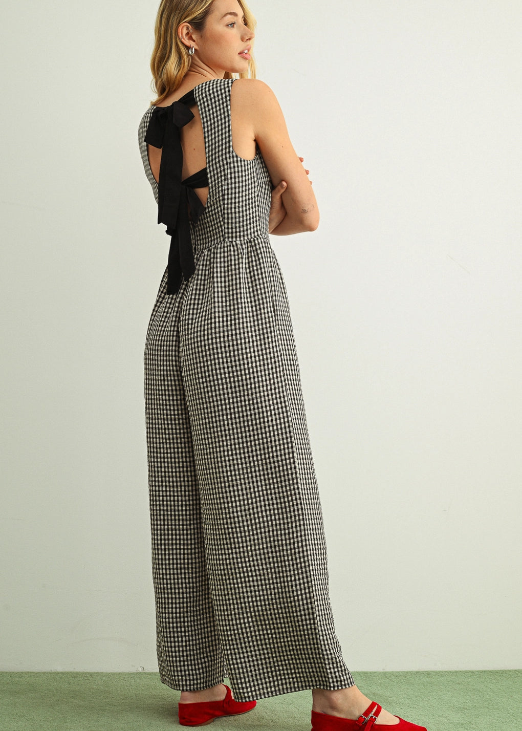 Mila Gingham Bow Back Wide Leg Jumpsuit in Black back view