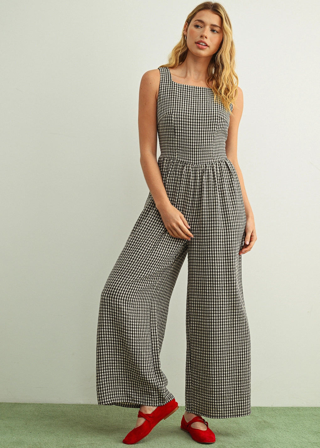 Mila Gingham Bow Back Wide Leg Jumpsuit in Black front view
