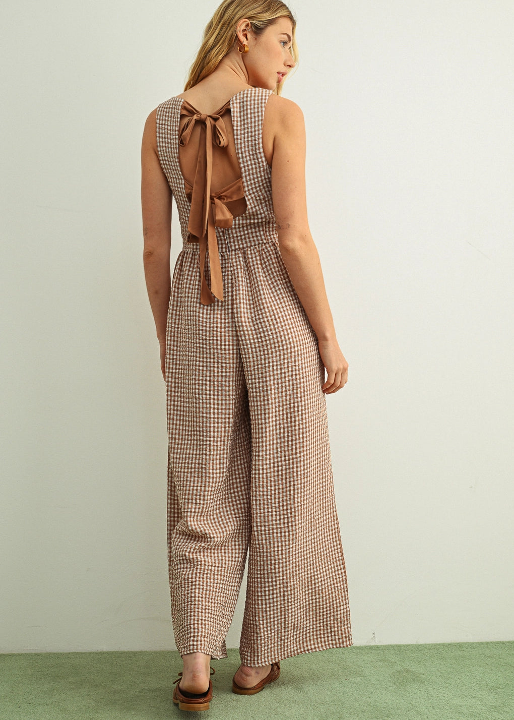 Mila Gingham Bow Back Wide Leg Jumpsuit in Brown back view