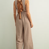 Mila Gingham Bow Back Wide Leg Jumpsuit in Brown back view