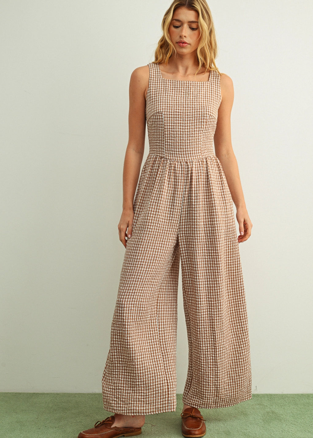 Mila Gingham Bow Back Wide Leg Jumpsuit in Brown front view