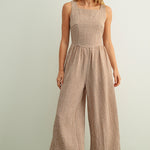 Mila Gingham Bow Back Wide Leg Jumpsuit in Brown front view
