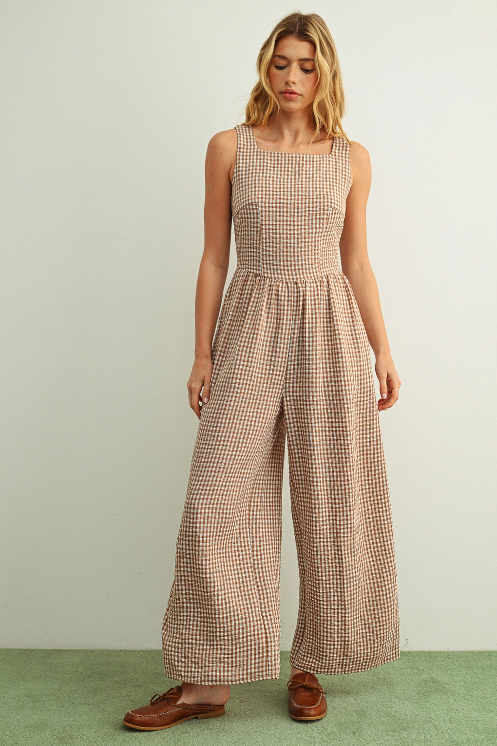Mila Gingham Bow Back Wide Leg Jumpsuit in Brown front view
