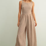 Mila Gingham Bow Back Wide Leg Jumpsuit in Brown front view