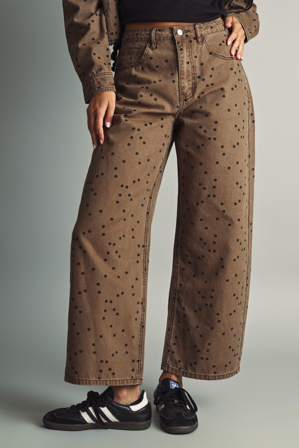 Front view of Miou Muse high-rise barrel jeans in cocoa brown with black polka dots