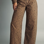 Front view of Miou Muse high-rise barrel jeans in cocoa brown with black polka dots