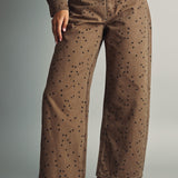 Front view of Miou Muse high-rise barrel jeans in cocoa brown with black polka dots