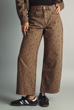 Front view of Miou Muse high-rise barrel jeans in cocoa brown with black polka dots