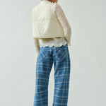 Back view of the Moxie Barrel Eyelet Jeans in blue plaid