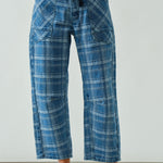 front view of the Moxie Barrel Eyelet Jeans in blue plaid showing barrel-leg fit