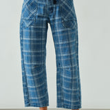 front view of the Moxie Barrel Eyelet Jeans in blue plaid showing barrel-leg fit