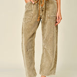 Front view of Moxie Barrel Eyelet Jeans in corduroy camel with corded drawstrings, waist eyelet detail, deep pockets, and relaxed barrel leg shape.